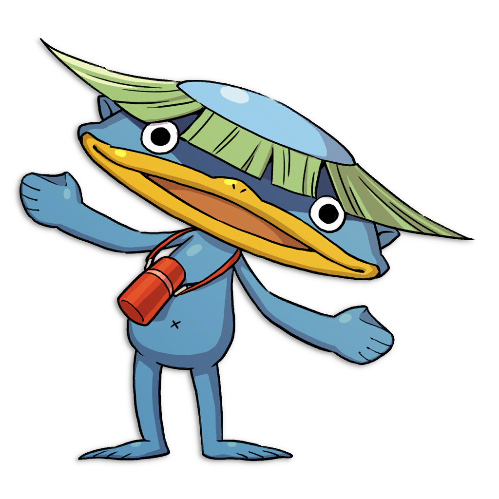 animal_hands, beak, blue_skin, colored_skin, green_hair, kappa, no_humans, nogappa