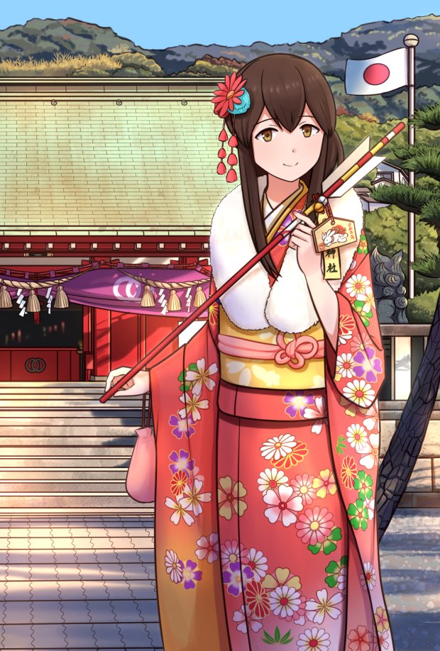 1girl, akagi_(kancolle), arrow_(projectile), bag, bangs, breasts, brown_eyes, brown_hair