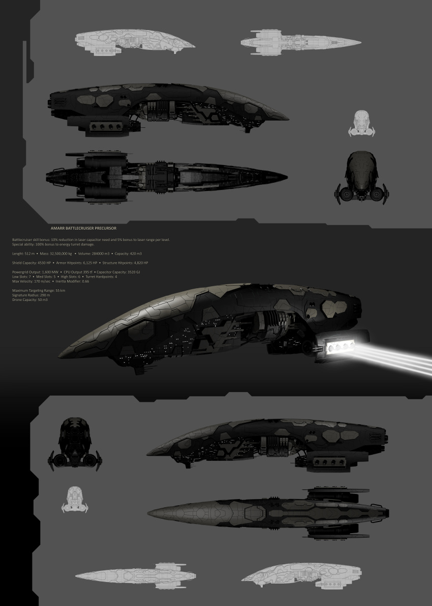 3d, absurdres, amarr_empire_(eve_online), attack, bak90, battlecruiser_(eve_online), beam, beam_cannon, cannon, commentary, concept_art, energy, energy_beam, energy_cannon, english_text, eve_online, firing, from_above, from_behind, from_below, from_side, glowing, glowing_windows, grey_theme, highres, laser, laser_cannon, military, military_vehicle, multiple_views, no_humans, original, realistic, science_fiction, spacecraft, thrusters, turret, vehicle_focus