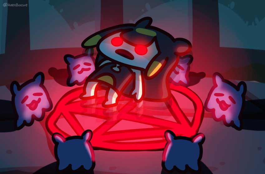 1girl, chibi, cult_of_the_lamb, english_commentary, floating, glowing, glowing_eyes, highres