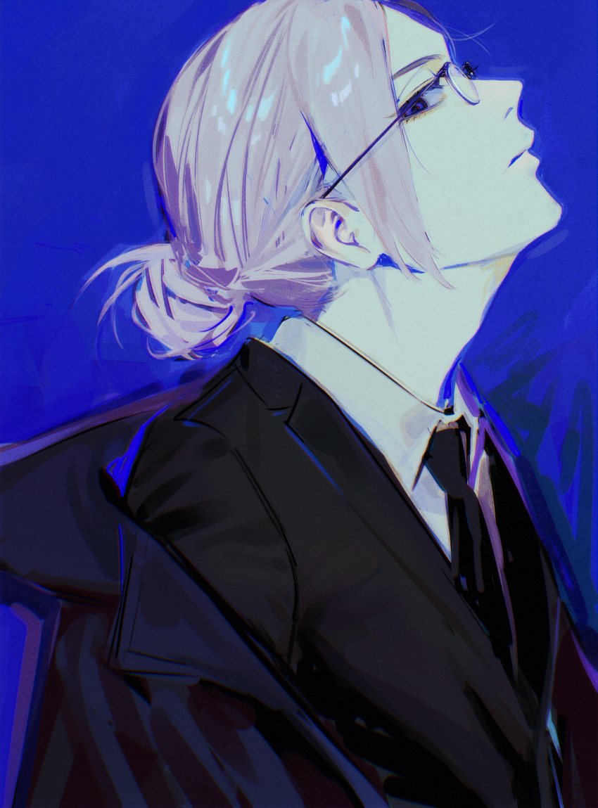 1boy, black_jacket, black_necktie, blue_background, blue_eyes, closed_mouth, coat, collared_shirt, formal, glasses, hair_bun, hair_pulled_back, highres, jacket, looking_at_viewer, male_focus, necktie, off_shoulder, profile, round_eyewear, sakamoto_days, sakamoto_taro, shirt, short_hair, solo, suit, upper_body, usui_(takoo718), white_hair, white_shirt