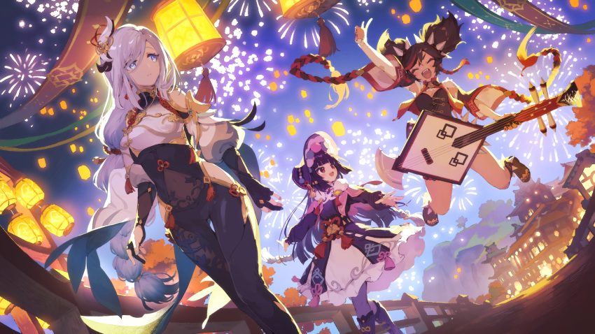 1girl, bangs, black_bodysuit, black_hair, blue_eyes, blunt_bangs, bodysuit, bonnet, boots, braid, braided_ponytail, breast_curtain, breasts, brown_hair, chinese_clothes, chinese_opera, closed_eyes, clothing_cutout, dark-skinned_female, dark_skin, dress, earrings, festival, fireworks, genshin_impact, gloves, grey_hair, guitar, hair_ornament, hair_over_one_eye, highres, holding, holding_instrument, instrument, jewelry, lap, large_breasts, lolita_fashion, long_hair, long_sleeves, makeup, multicolored_hair, night, open_mouth, pantyhose, purple_hair, purple_pantyhose, red_eyes, redhead, rocket_jumping, shenhe_(genshin_impact), smile, spikes, streaked_hair, suzuki_iori, tanabata, tassel, twintails, v, very_long_hair, vision_(genshin_impact), white_hair, wooden_bridge, xinyan_(genshin_impact), yellow_eyes, yun_jin_(genshin_impact)