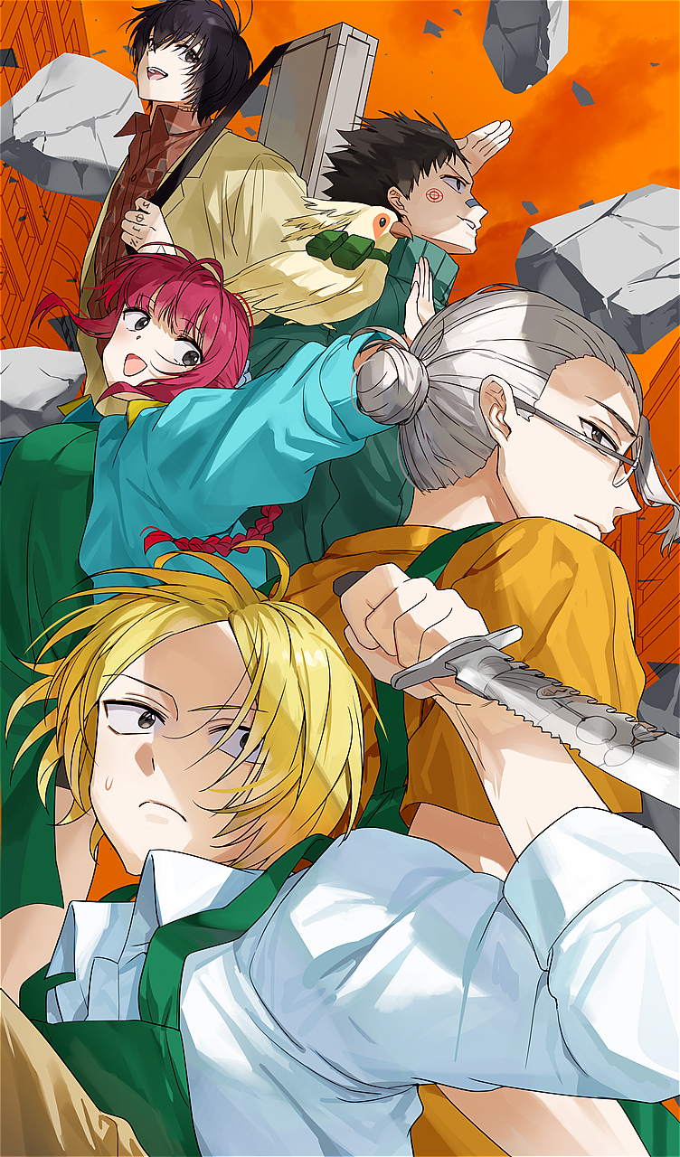 1girl, 4boys, animal, apron, bangs, bird, black_eyes, blonde_hair