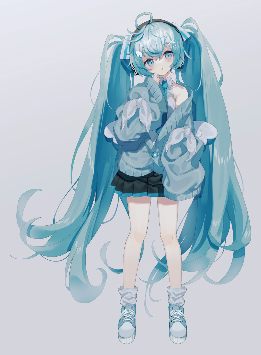 1girl, absurdres, ankle_socks, arm_at_side, armpit_crease, bare_shoulders, black_skirt, blue_cardigan