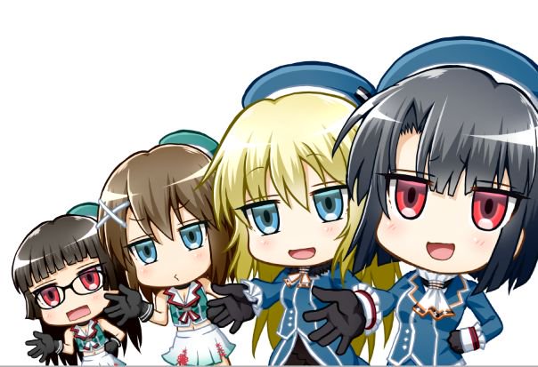 4girls, atago_(kancolle), beret, black_gloves, black_hair, blonde_hair, blue_eyes, blue_headwear
