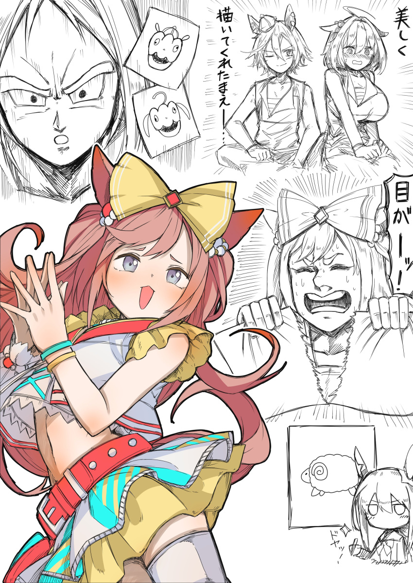 5girls, ;), @_@, absurdres, admire_vega_(umamusume), agnes_digital_(umamusume), animal_ears, bangs, blue_eyes, bow, breasts, character_request, check_character, crown, dragon_ball, dress, futaba_channel, hair_between_eyes, hair_bow, highres, holding, holding_paper, horse_ears, horse_girl, large_breasts, long_hair, maromarontaite, meisho_doto_(umamusume), meme, mini_crown, multiple_girls, narita_top_road_(umamusume), neta, okaasan_to_issho, one_eye_closed, paper, parted_bangs, partially_colored, pink_hair, red_bow, sailor_dress, short_hair, sleeveless, sleeveless_dress, smile, spoo, t.m._opera_o_(umamusume), tearing_paper, toriyama_akira_(style), two_side_up, umamusume