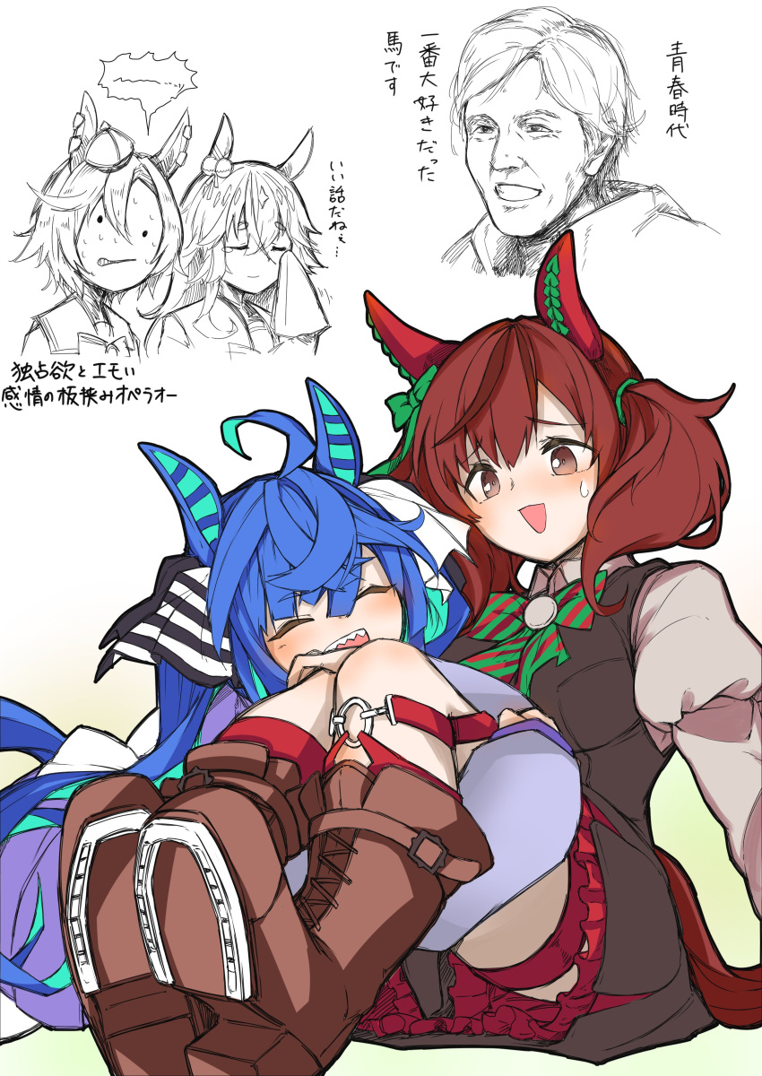 1boy, 4girls, :d, absurdres, ahoge, animal_ears, blue_hair, boots