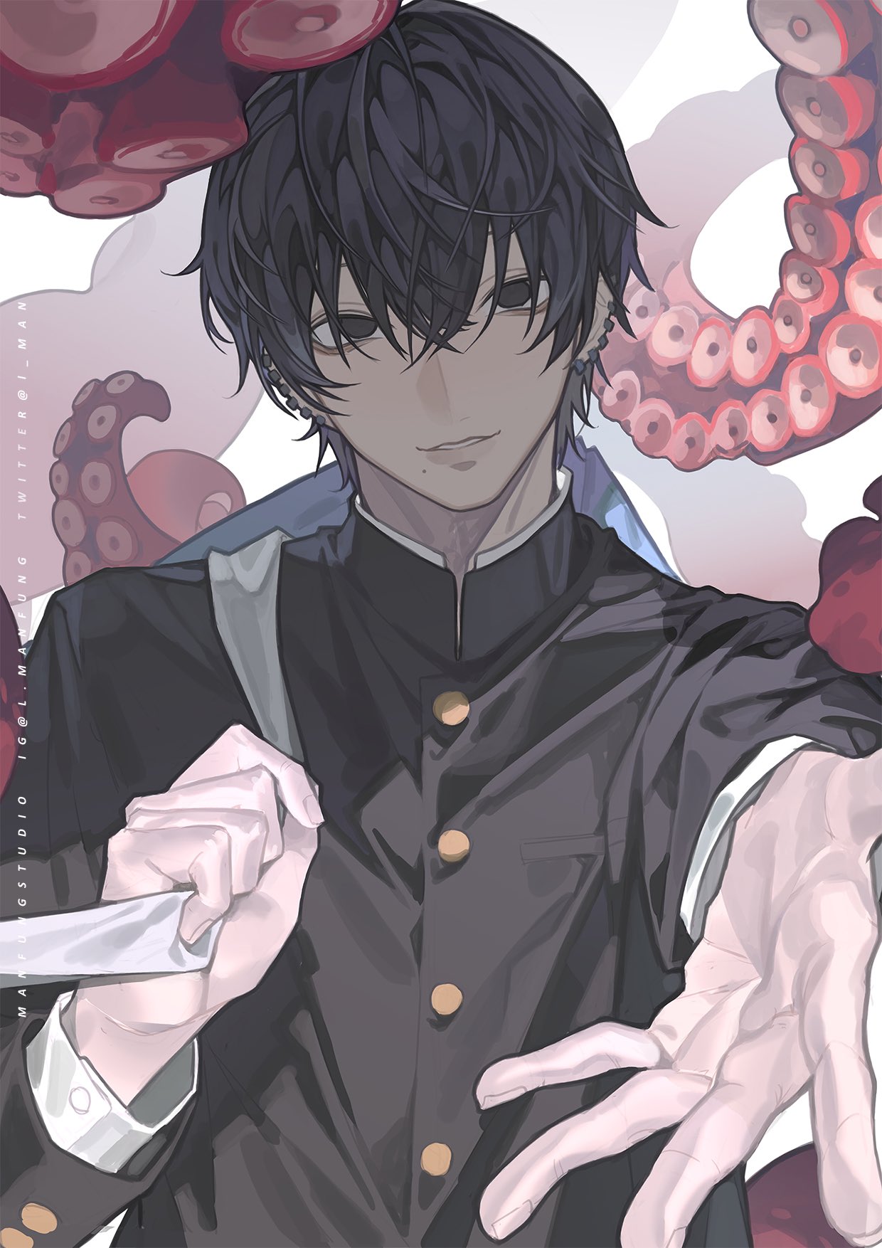 1boy, bag, bangs, black_hair, black_jacket, chainsaw_man, ear_piercing, gakuran