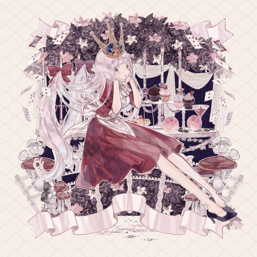 1girl, absurdres, alice_(alice_in_wonderland), alice_in_wonderland, alternate_costume, bangs, bare_legs, black_footwear
