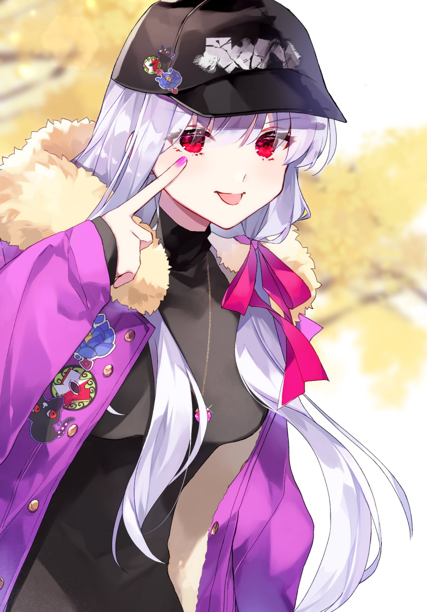 1girl, akanbe, baseball_cap, black_sweater, coat, fate/grand_order, fate_(series), grey_hair