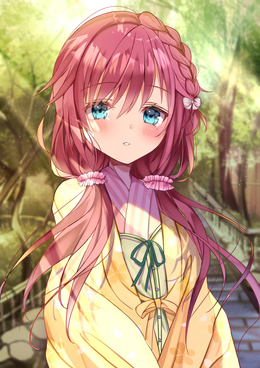 1girl, absurdres, aqua_eyes, arms_around_waist, bangs, blush, bow, braid