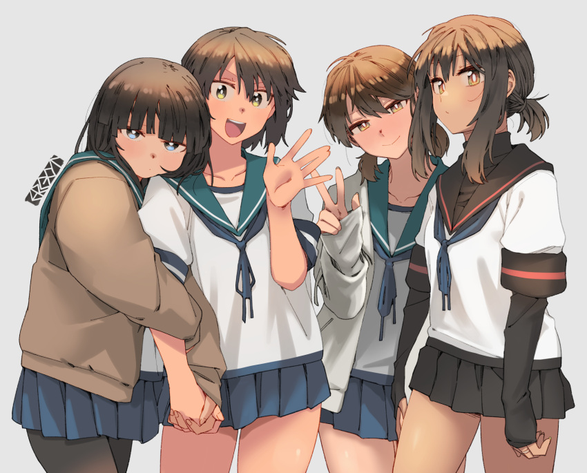 4girls, artist_logo, artist_name, bangs, black_hair, black_sailor_collar, black_skirt, blue_eyes