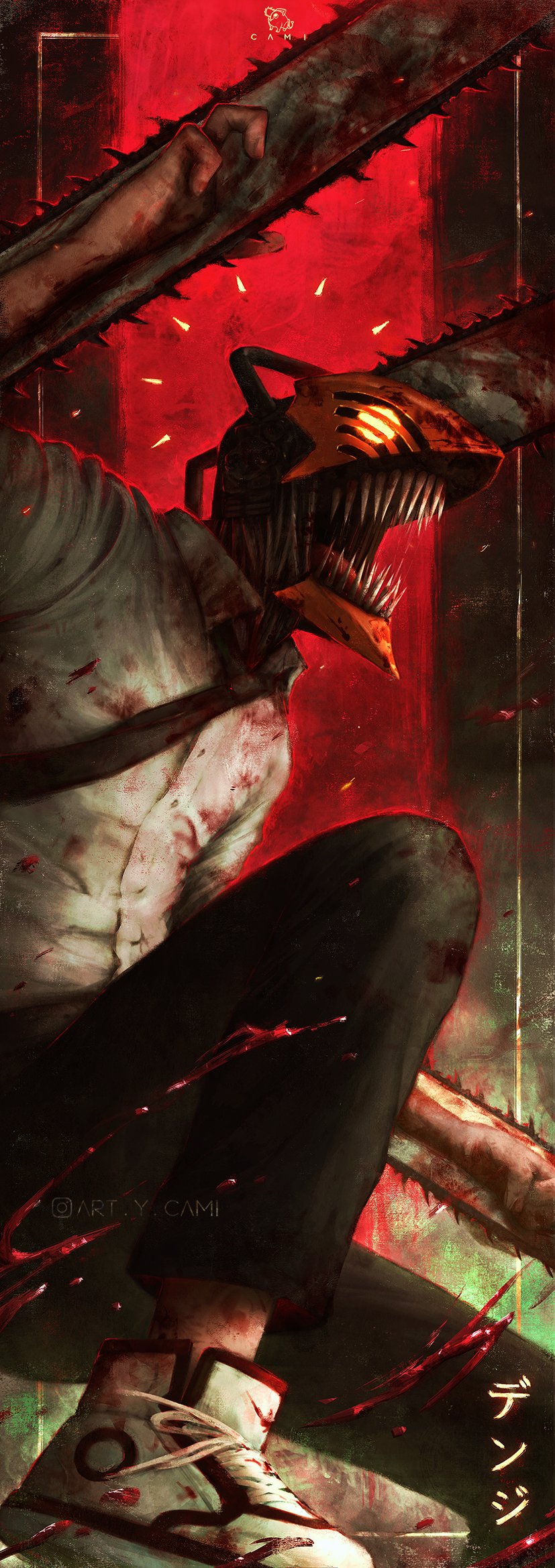 1boy, artcami, black_necktie, black_pants, blood, blood_on_clothes, blood_on_weapon, blood_splatter