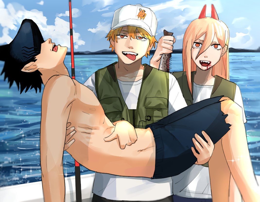 1girl, 2boys, animal, beam_(chainsaw_man), blood, blood_on_face, blue_sky, boat
