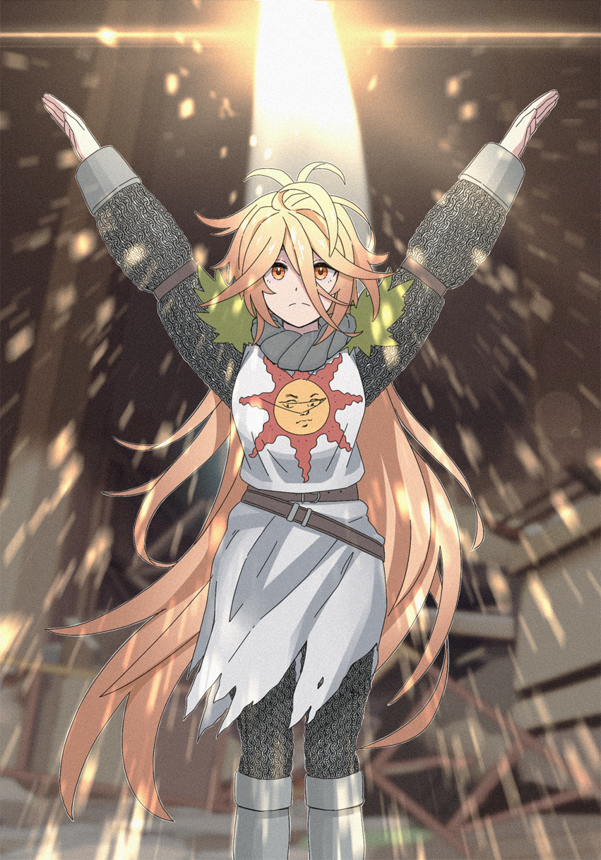 1girl, \o/, armor, arms_up, blonde_hair, closed_mouth, cosplay, dark_souls_(series)