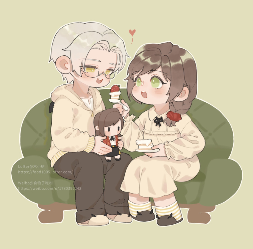 1boy, 1girl, :d, brown_pants, cake, cake_slice, couch, dress, food, fork, fruit, full_body, glasses, heart, highres, holding, holding_fork, holding_plate, hood, hoodie, littletreeee, long_hair, long_sleeves, looking_at_another, mole, mole_under_eye, open_mouth, pants, plate, rosa_(tears_of_themis), short_hair, simple_background, sitting, smile, strawberry, tears_of_themis, vyn_richter_(tears_of_themis), white_dress, white_hair, white_hoodie, yellow_background