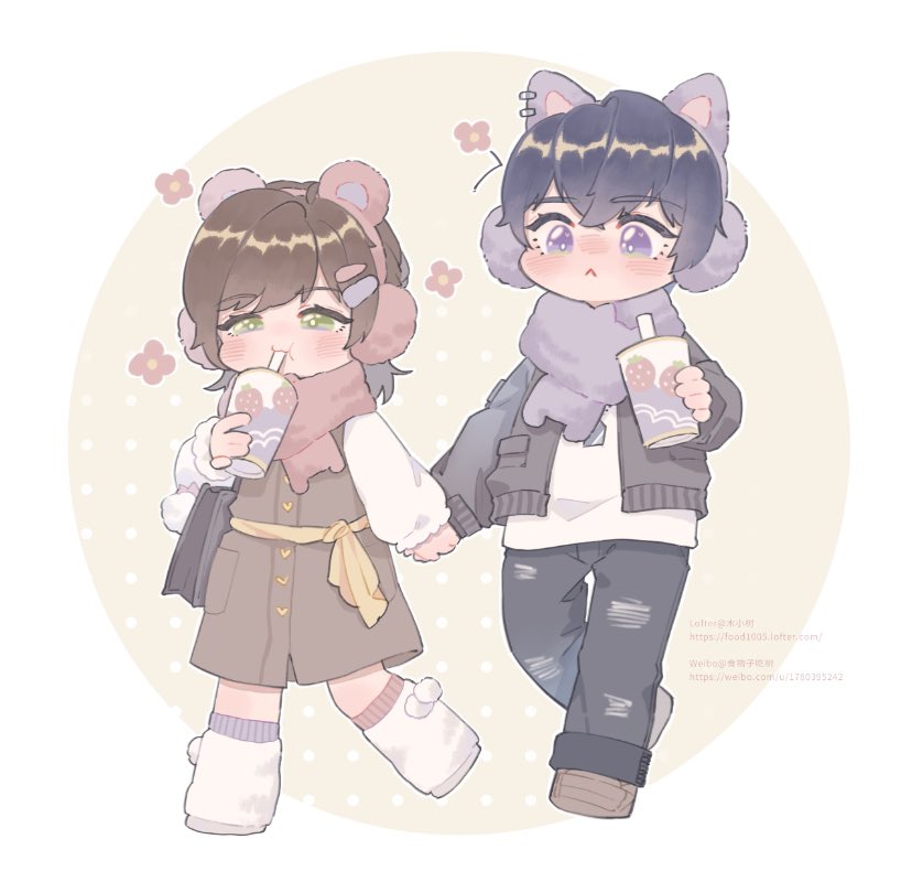 1boy, 1girl, :<, animal_earmuffs, bangs, blue_pants, brown_coat, brown_hair