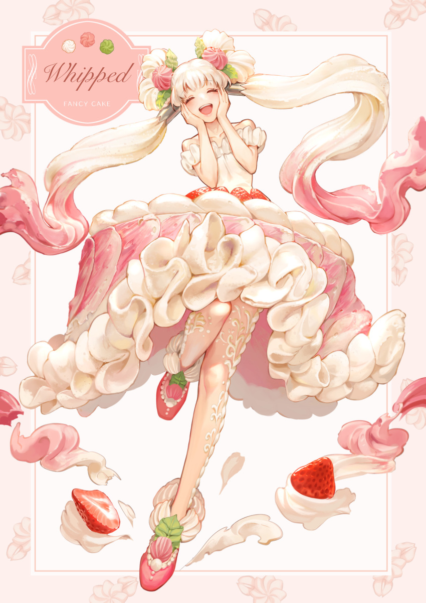1girl, :d, ^_^, aruk, bangs, border, cake, cake_dress