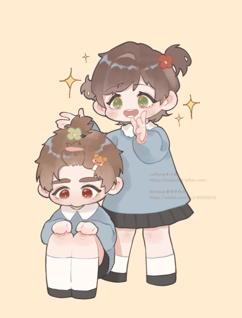 1boy, 1girl, black_shorts, black_skirt, blue_shirt, brown_eyes, brown_hair, chibi