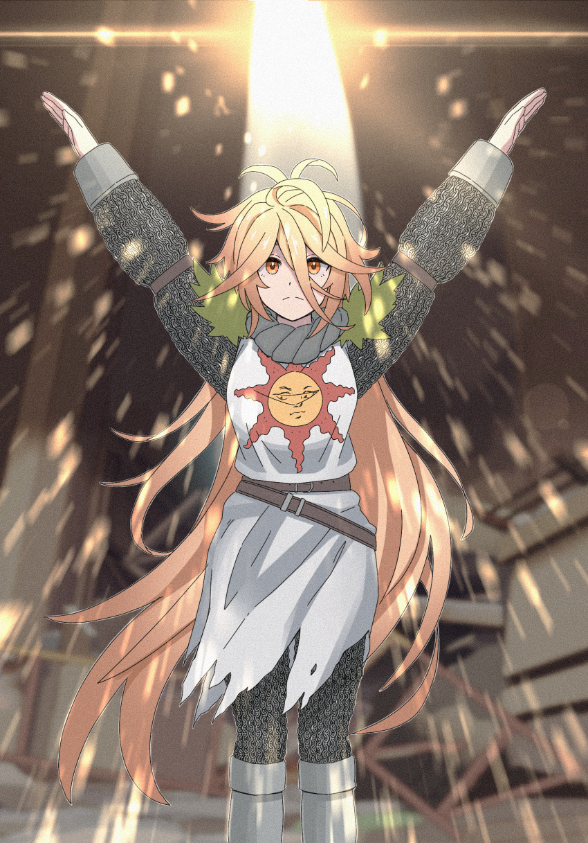 1girl, ahoge, armor, arms_up, belt, blonde_hair, capelet, chainmail