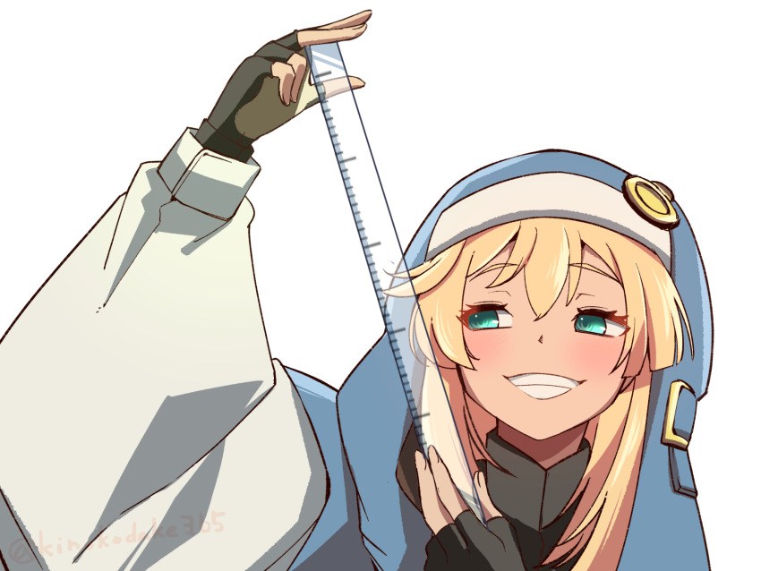 1girl, :d, bangs, black_gloves, blonde_hair, blue_jacket, bridget_(guilty_gear), fingerless_gloves