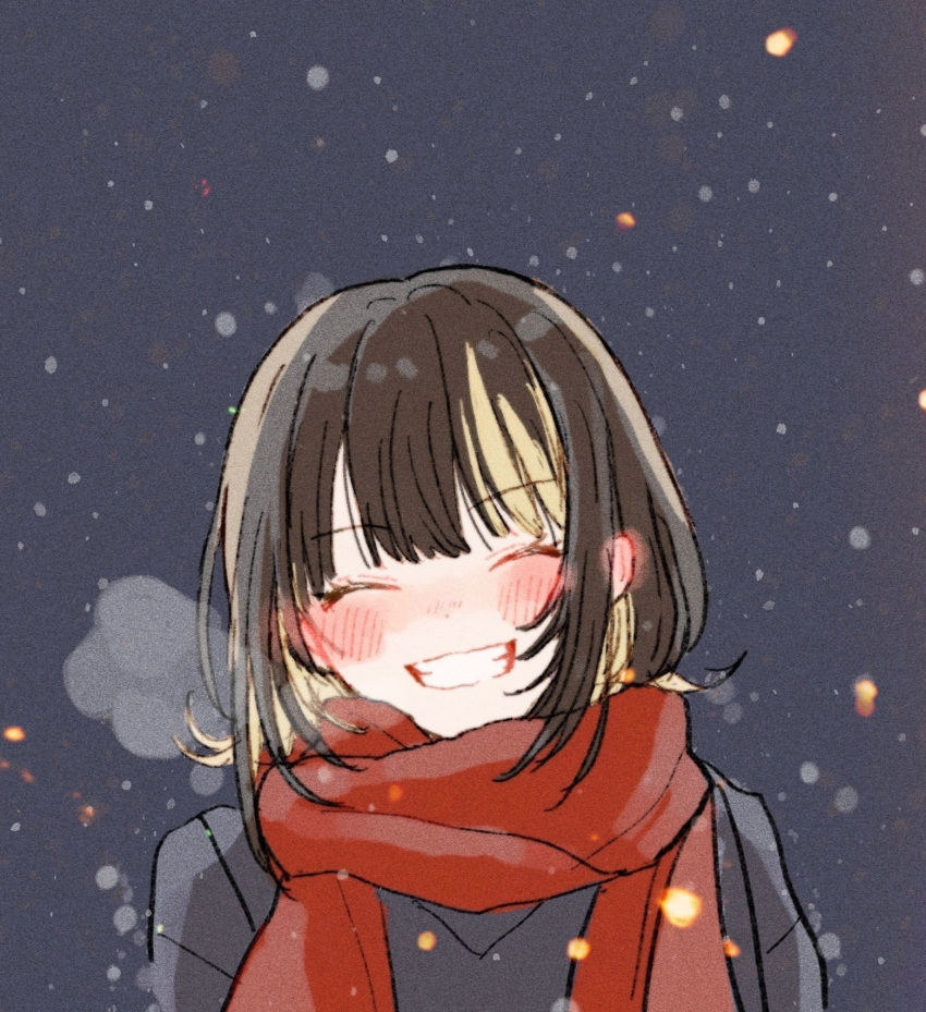 1girl, anam95, bangs, black_hair, black_jacket, blonde_hair, blush, closed_eyes