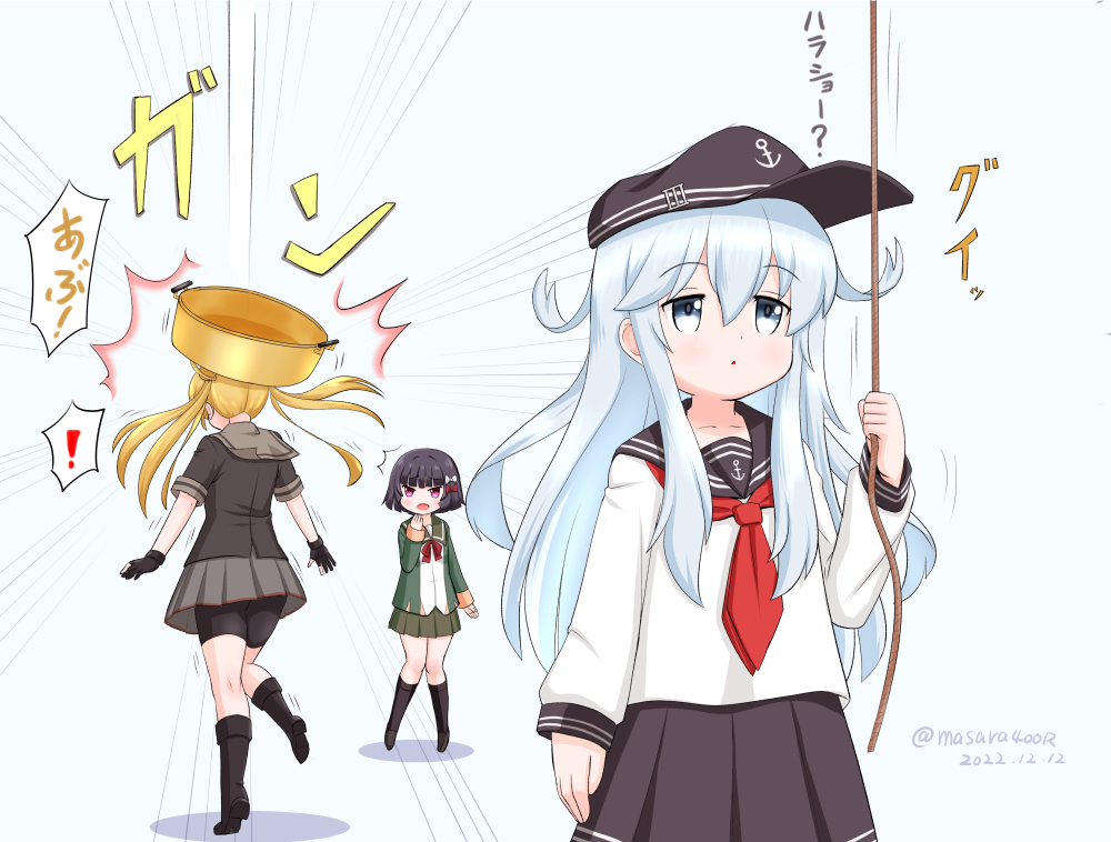 3girls, abukuma_(kancolle), abukuma_kai_ni_(kancolle), anchor_symbol, bike_shorts, black_footwear, black_gloves, black_hair
