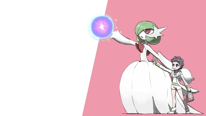 2girls, arm_up, bag, bangs, bare_shoulders, blacknirrow, blue_eyes, bob_cut, breasts, brown_hair, choker, closed_mouth, coat, colored_skin, commentary, diantha_(pokemon), dress, elbow_gloves, energy_ball, english_commentary, flat_chest, forehead, full_body, gardevoir, gloves, green_hair, hair_over_one_eye, handbag, happy, highres, holding, holding_bag, jewelry, jumpsuit, legs, long_sleeves, looking_to_the_side, mega_gardevoir, mega_pokemon, moonblast_(pokemon), multiple_girls, necklace, one_eye_covered, open_clothes, open_coat, open_mouth, outstretched_arm, pink_background, pokemon, pokemon_(creature), pokemon_(game), pokemon_move, pokemon_xy, red_eyes, shoes, short_hair, short_jumpsuit, simple_background, small_breasts, smile, standing, strapless, strapless_dress, thighs, two-tone_background, white_background, white_choker, white_coat, white_footwear, white_gloves, white_jumpsuit, white_skin