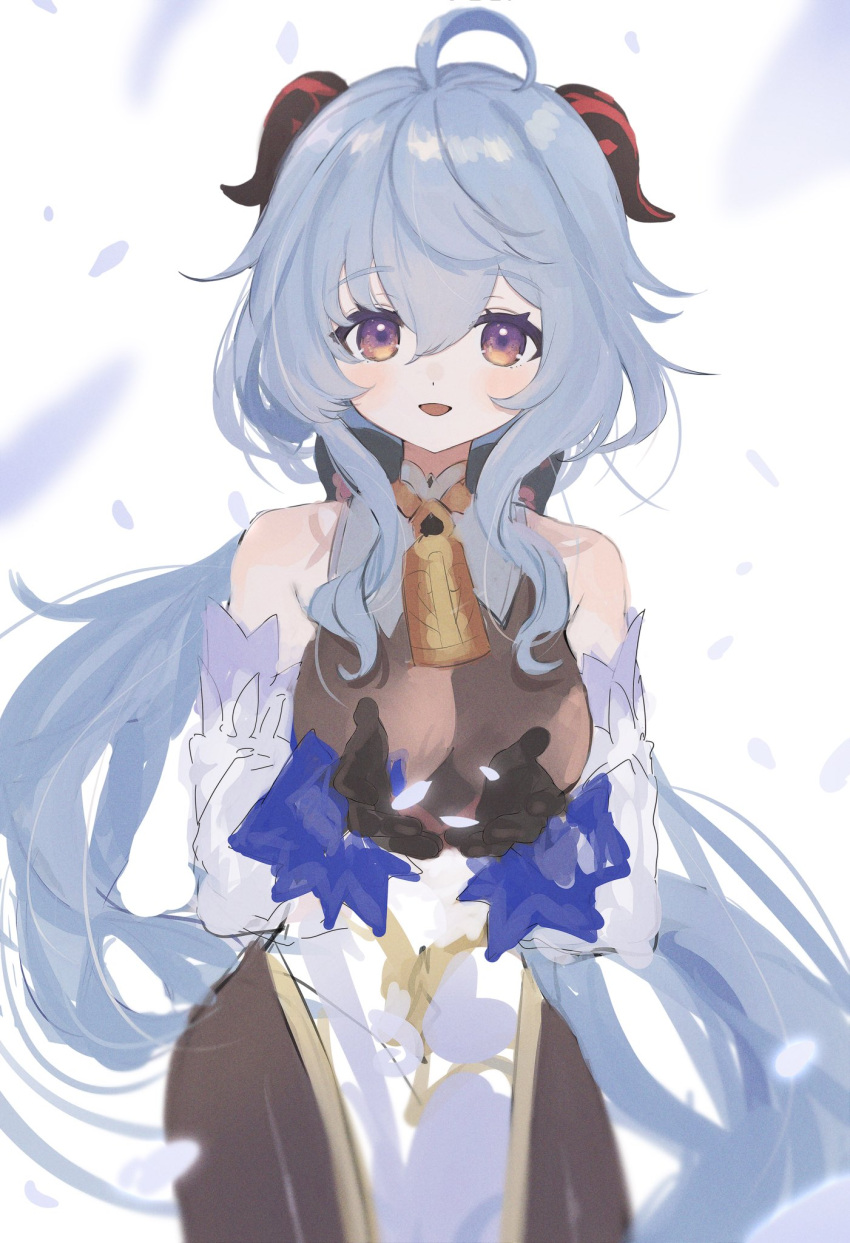 1girl, ahoge, bare_shoulders, bell, black_gloves, black_pantyhose, blue_bow, blue_hair