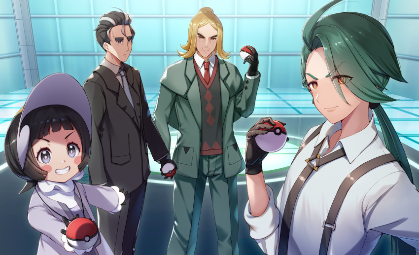 2boys, 2girls, bangs, black_gloves, black_hair, blonde_hair, blush_stickers, bright_pupils, cardigan, closed_mouth, collared_shirt, commentary_request, eyelashes, gloves, green_hair, green_jacket, green_pants, grey_eyes, grin, hand_up, hassel_(pokemon), highres, holding, holding_poke_ball, indoors, jacket, larry_(pokemon), long_hair, long_sleeves, multiple_boys, multiple_girls, necktie, open_clothes, open_jacket, pants, parted_bangs, poke_ball, poke_ball_(basic), pokemon, pokemon_(game), pokemon_sv, ponytail, poppy_(pokemon), red_necktie, rika_(pokemon), shirt, short_hair, smile, suspenders, teeth, vest, white_pupils, yu_ni_t