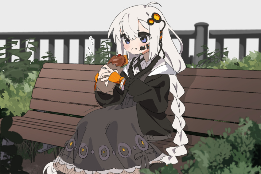 1girl, bench, blue_eyes, blush, braid, brown_dress, brown_jacket, dress