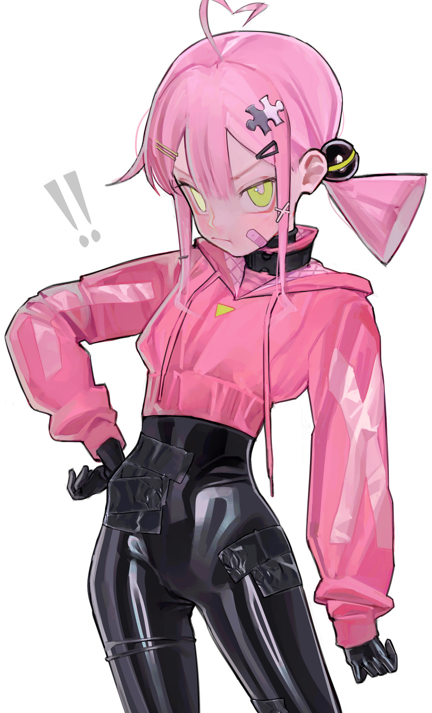 !, !!, 1girl, absurdres, ahoge, bandaid, bandaid_on_face, black_bodysuit