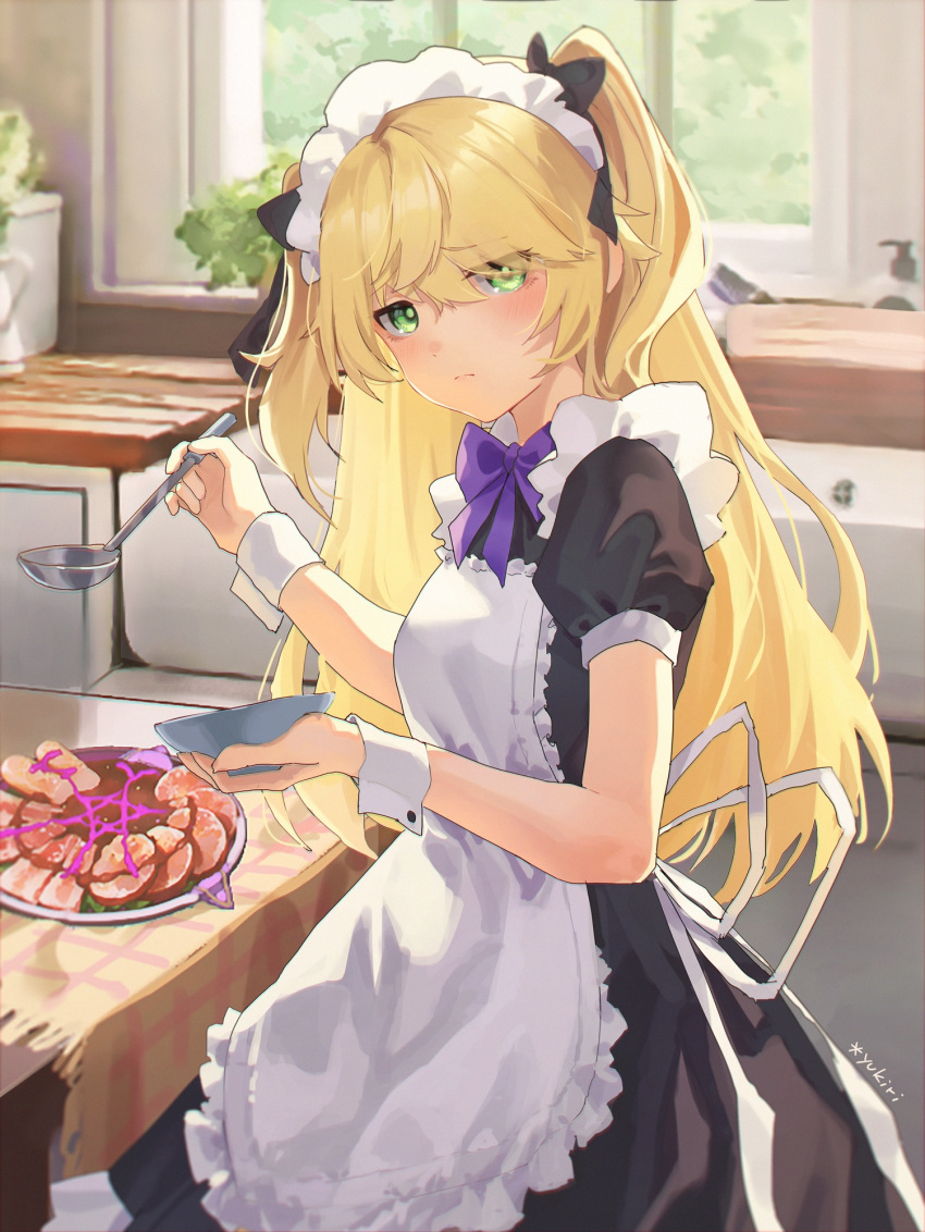 1girl, apron, black_dress, blonde_hair, bow, bowtie, breasts, cooking, cuff_links, dress, fischl_(genshin_impact), frilled_apron, frills, genshin_impact, green_eyes, highres, holding, holding_ladle, kitchen, ladle, long_hair, maid, plant, plate, potted_plant, purple_bow, purple_bowtie, shiny, shiny_skin, sliced_meat, small_breasts, solo, table, twintails, two_side_up, white_apron, window, yukiri_(l_ii)