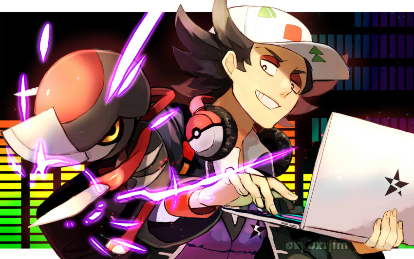 1boy, black_eyes, bright_pupils, commentary_request, eyeshadow, giacomo_(pokemon), grin, hat