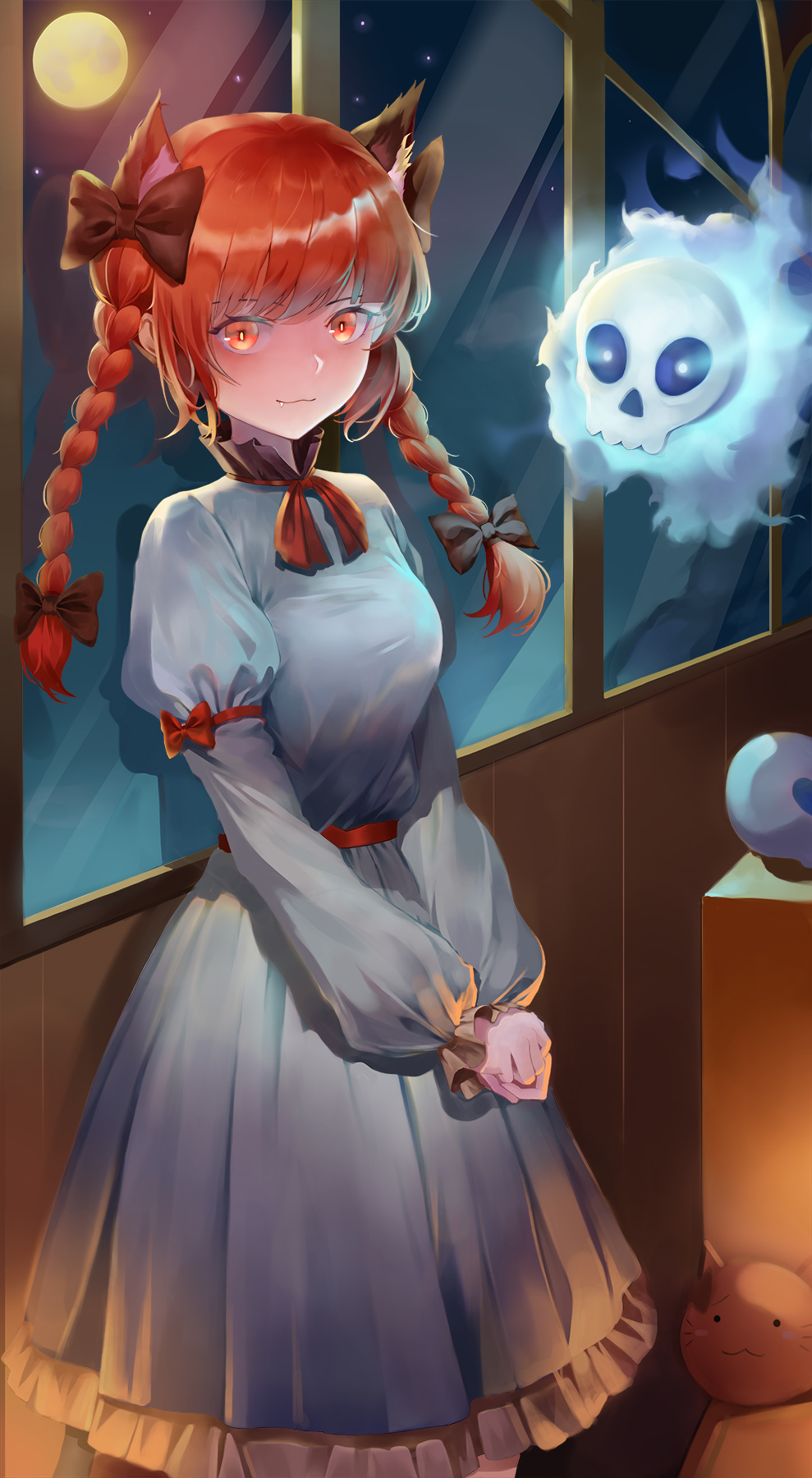 1girl, :3, animal_ear_fluff, animal_ears, black_bow, blue_dress, blue_eyes, bow