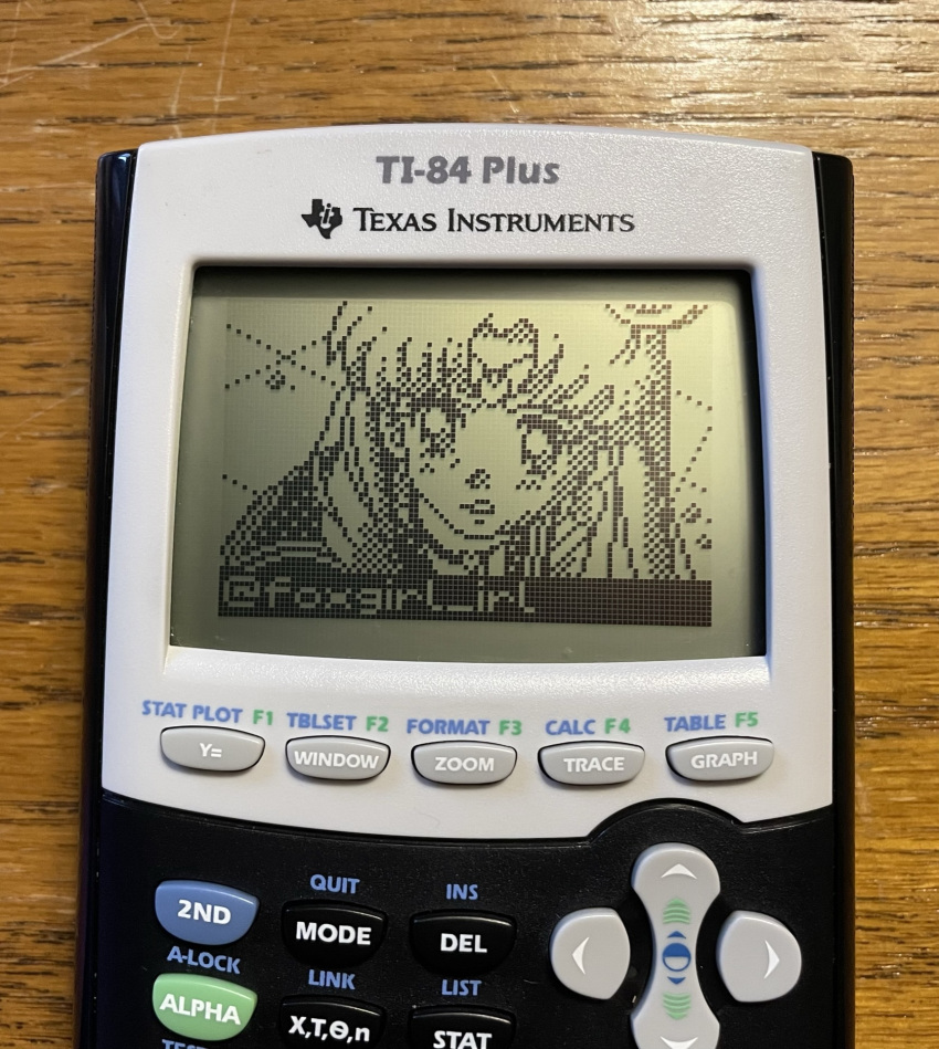 1girl, artist_name, bishoujo_senshi_sailor_moon, calculator, choker, double_bun, graphing_calculator, greyscale, hair_bun, heart, heart_choker, highres, kokoscript, looking_at_viewer, meme, monochrome, photo_(medium), pixel_art, sailor_moon, sailor_moon_redraw_challenge_(meme), sailor_senshi_uniform, solo, tsukino_usagi, twintails, twitter_username