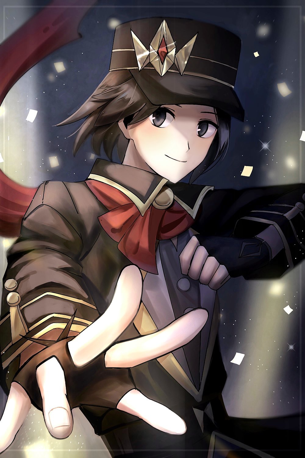 1boy, black_gloves, black_hair, black_headwear, black_jacket, calem_(champion)_(pokemon), confetti, delixixd
