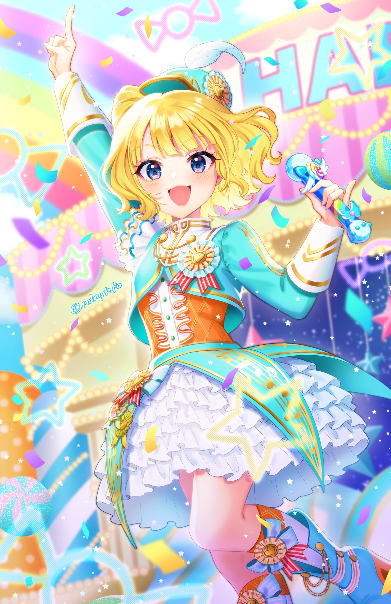 1girl, balloon, bangs, birthday, blonde_hair, blue_eyes, cropped_jacket, dress
