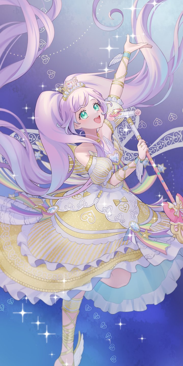 1girl, bangs, birthday, brooch, commentary, detached_sleeves, dress, frills, gem, green_eyes, heart, heart_brooch, highres, jewelry, long_hair, manaka_lala, music, nanceee_305, open_mouth, pretty_(series), pripara, purple_hair, singing, smile, solo, staff, symbol-only_commentary, tiara, twintails