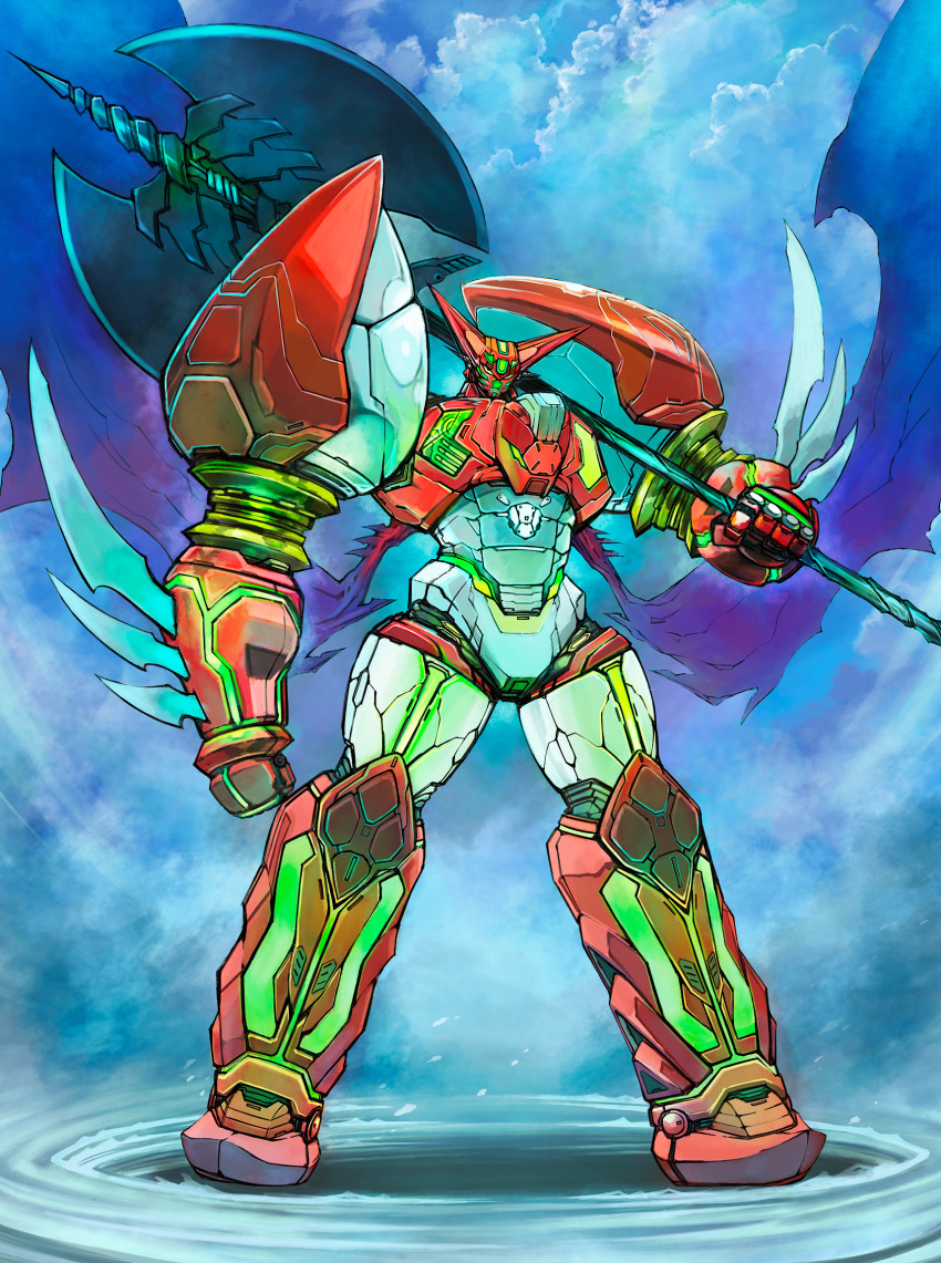 axe, clouds, full_body, getter_robo, glowing, glowing_eyes, highres, holding