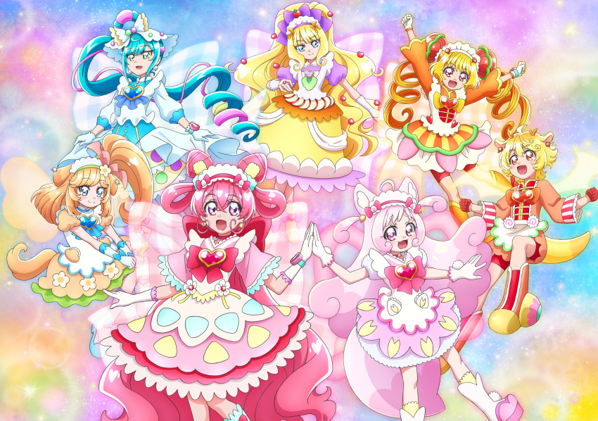 1boy, 6+girls, apron, blonde_hair, blue_eyes, blue_hair, commentary_request, cone_hair_bun, cure_finale, cure_precious, cure_spicy, cure_yum-yum, delicious_party_precure, fuwa_kokone, gentlu_(precure), gloves, hair_bun, hanamichi_ran, highres, kasai_amane, kome-kome_(precure), kome-kome_(precure)_(human), mem-mem_(precure), mem-mem_(precure)_(human), multiple_girls, nagomi_yui, official_art, pam-pam_(precure), pam-pam_(precure)_(human), pink_hair, precure, red_eyes, side_ponytail, sidelocks, violet_eyes, white_gloves, wide_ponytail