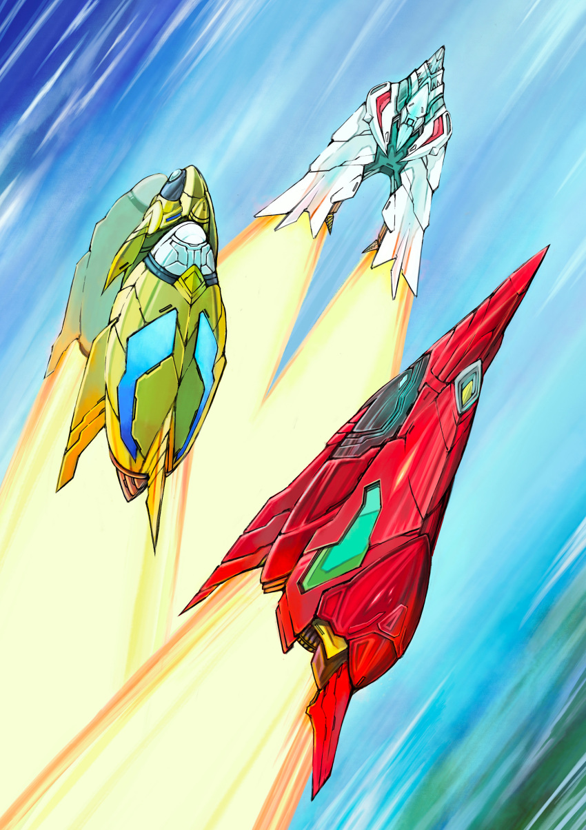 absurdres, aircraft, commentary, flying, from_side, getter_robo, highres, motion_lines
