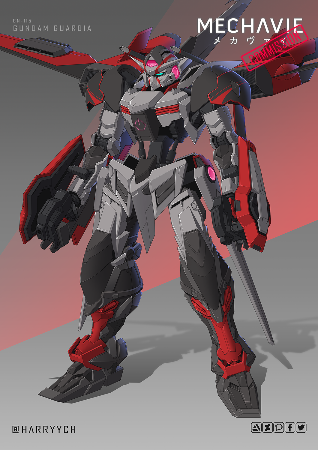 blue_eyes, commission, dual_wielding, english_commentary, full_body, grey_background, gun, gundam