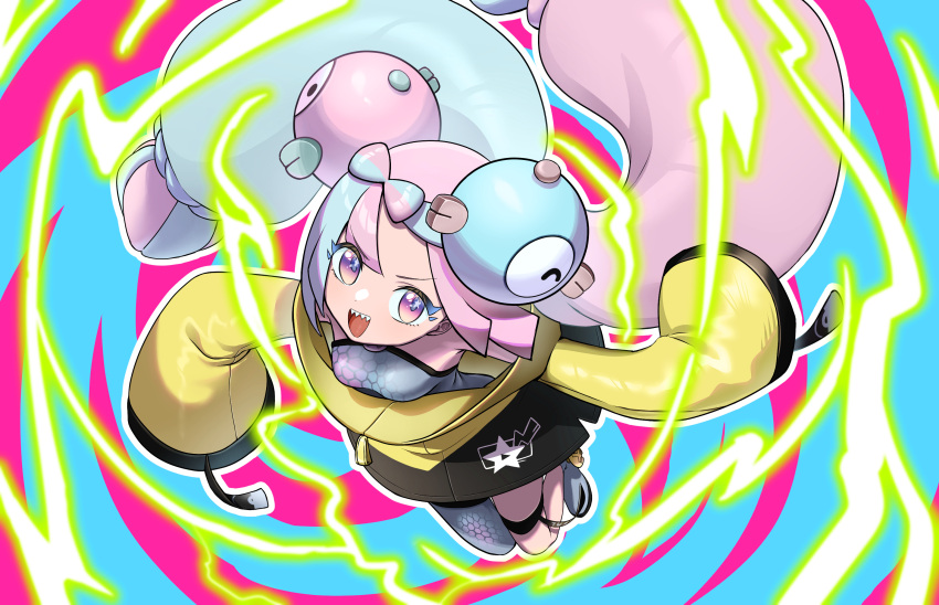 1girl, aqua_hair, bow-shaped_hair, character_hair_ornament, grey_footwear, grey_pantyhose, hair_ornament, hexagon_print, highres, iono_(pokemon), jacket, landl, long_hair, low-tied_long_hair, multicolored_hair, oversized_clothes, pantyhose, pink_eyes, pink_hair, pokemon, pokemon_(game), pokemon_sv, sharp_teeth, shirt, single_leg_pantyhose, sleeveless, sleeveless_shirt, sleeves_past_fingers, sleeves_past_wrists, solo, teeth, twintails, two-tone_hair, very_long_hair, yellow_jacket