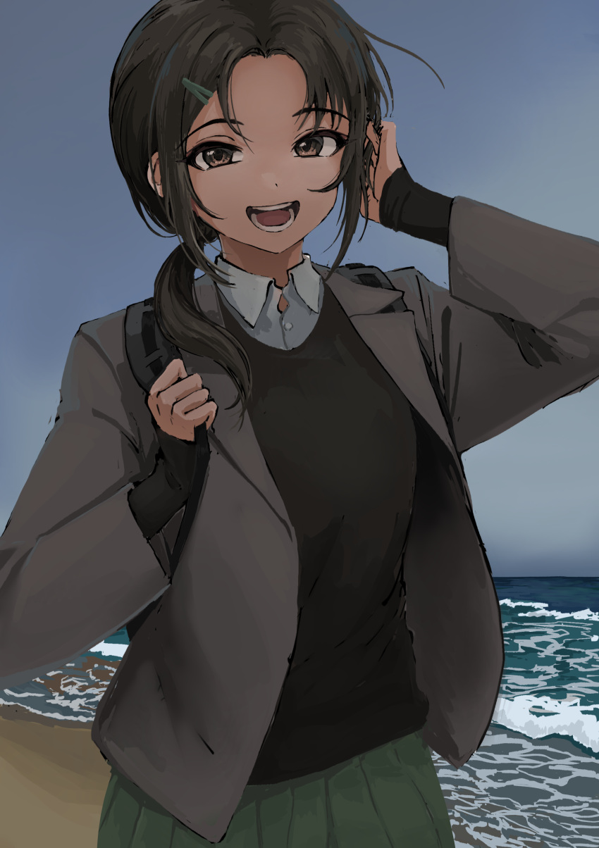 1girl, absurdres, aoki_kei, beach, black_hair, black_shirt, blazer, green_skirt