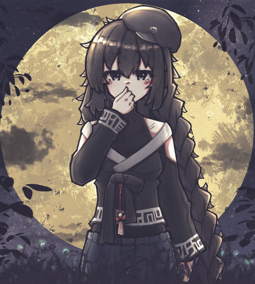 1girl, braid, brown_eyes, brown_hair, full_moon, hat, highres, karin_(kitsune_ga_boku_wo_matteiru)
