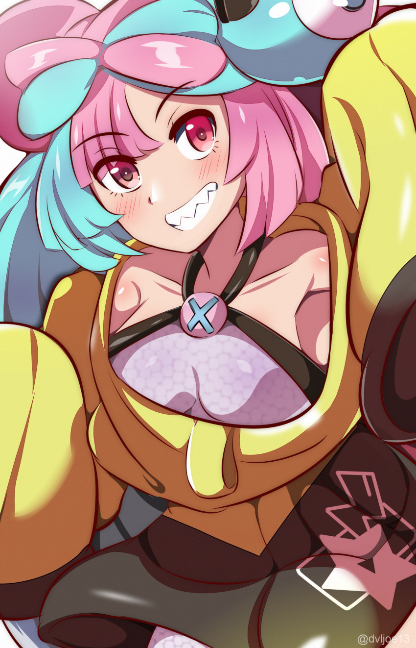 1girl, absurdres, bow-shaped_hair, character_hair_ornament, dvljoe, hair_ornament, hexagon_print, highres, iono_(pokemon), jacket, long_hair, low-tied_long_hair, multicolored_hair, oversized_clothes, pink_eyes, pink_hair, pokemon, pokemon_(game), pokemon_sv, sharp_teeth, sleeves_past_fingers, sleeves_past_wrists, solo, teeth, twintails, two-tone_hair, very_long_hair, yellow_jacket