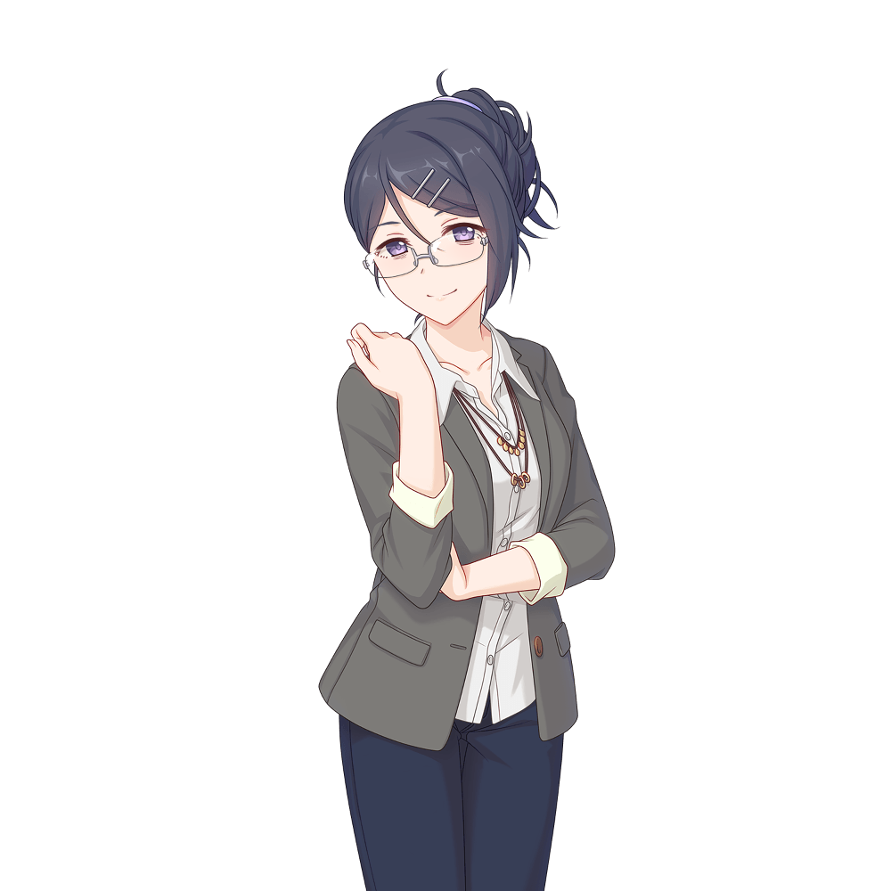 1girl, black_pants, glasses, grey_jacket, jacket, jewelry, mitsuki_(princess_connect!), necklace, pants, princess_connect!, shirt, transparent_background, white_shirt