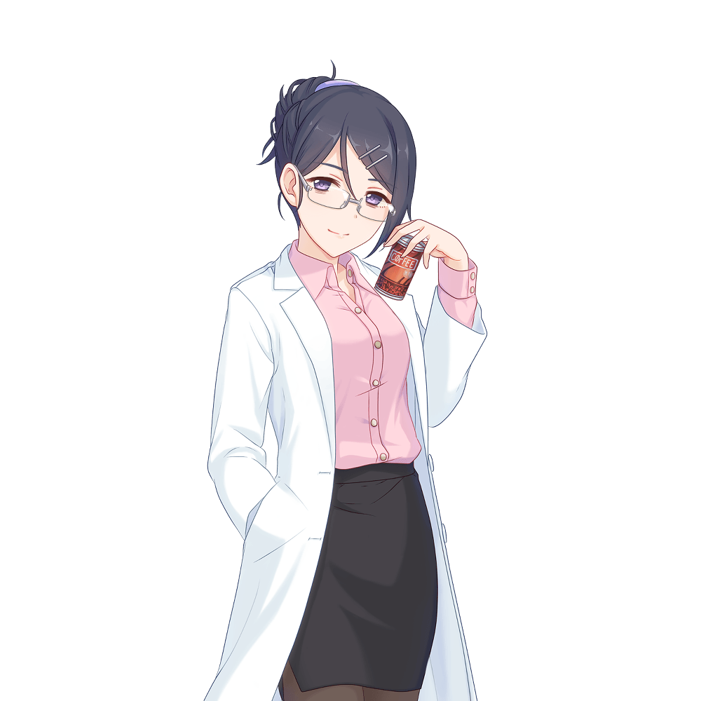 1girl, black_hair, black_pantyhose, black_skirt, can, canned_coffee, coat, glasses, holding, holding_can, labcoat, mitsuki_(princess_connect!), official_art, pantyhose, pink_shirt, princess_connect!, shirt, skirt, transparent_background, white_coat