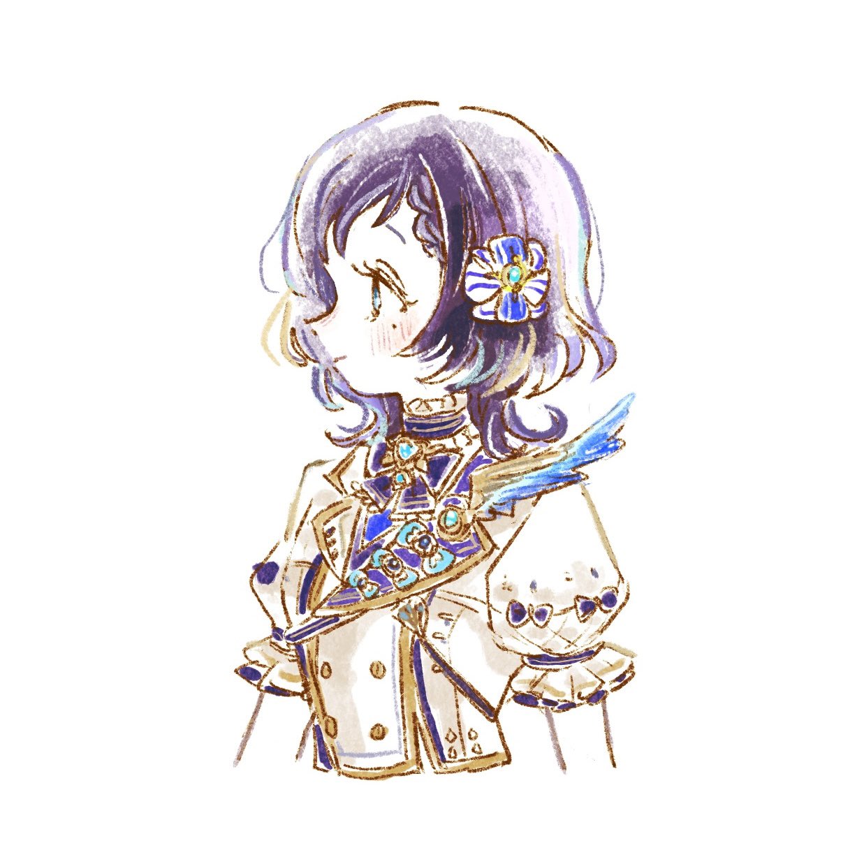 1girl, aiba_uiha, bangs, blue_bow, blue_choker, blue_eyes, blue_hair, bow, choker, dark_blue_hair, frilled_choker, frills, from_side, hair_ornament, highres, jacket, kurumission, looking_ahead, mole, mole_under_eye, nijisanji, simple_background, smile, solo, upper_body, virtual_youtuber, white_background, white_jacket